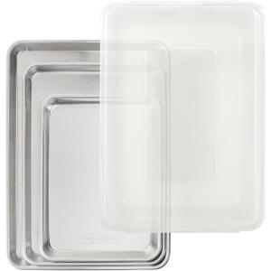 imageNordic Ware Naturals 4 Piece Set  USA Made Aluminum Commercial Quality Pans for Baking or Roasting Encapsulated Galvanized Steel Rim Prevents Warping Quarter Sheet Jelly Roll Half Sheet with Lid